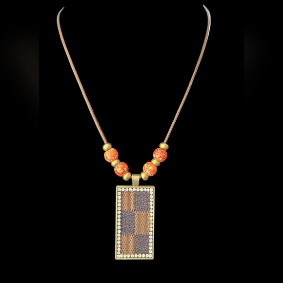Checkered Pattern Inlay Pendant Necklace - Picture 1 of 15